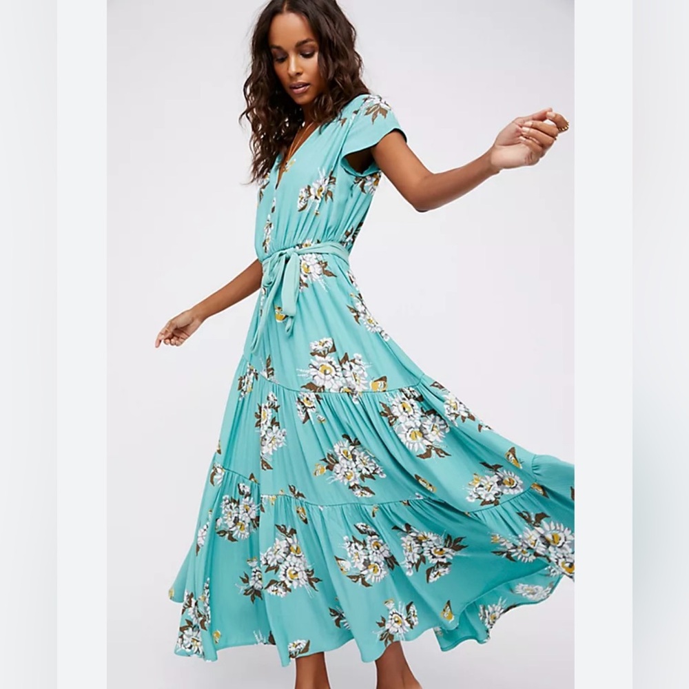 Free People All I Got Floral Tiered Maxi Dress Teal Boho Size 2
